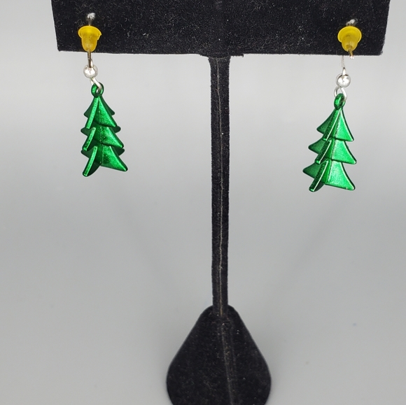 Green Christmas Holiday Pine Tree Earrings - Picture 3 of 8